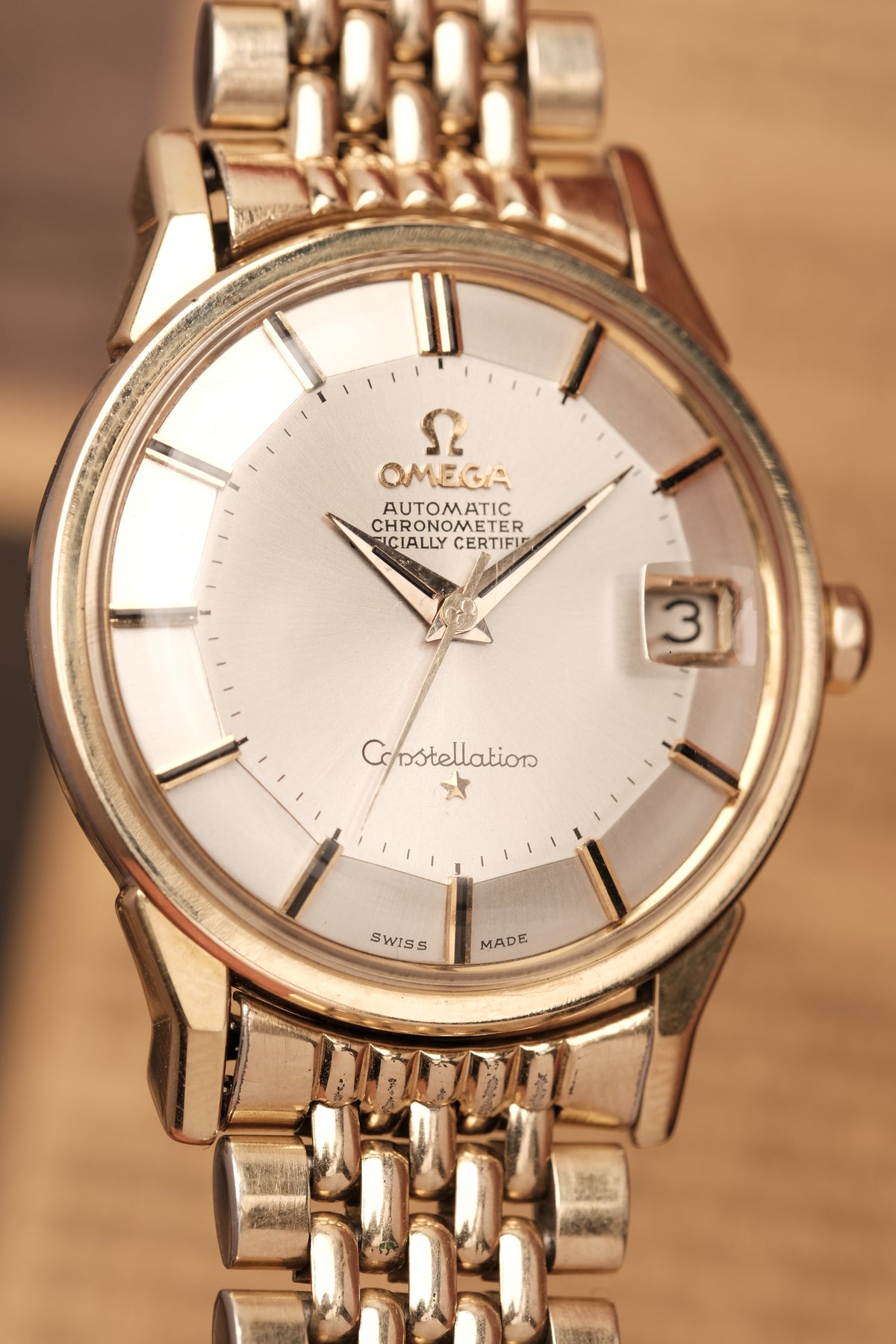 1966 OMEGA CONSTELLATION PIE PAN DOG LEG White Dial AUTOMATIC REF. 168.005 + BOX + Beads of rice bracelet