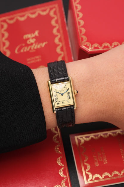 1999 Vintage Cartier Tank Vermeil 1613 ROMAN DIAL QUARTZ 20x28mm + Box and Paper