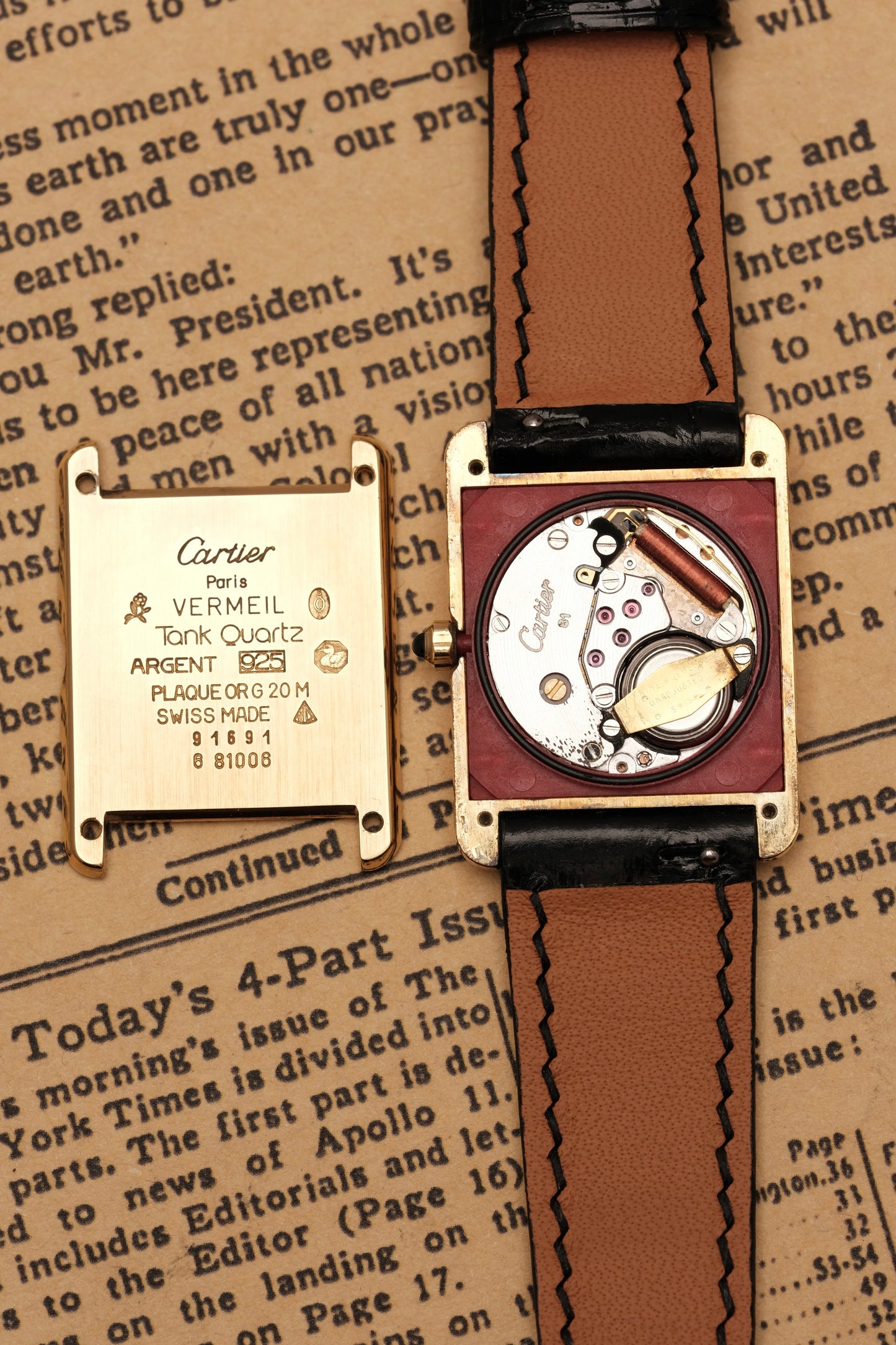 CARTIER MUST DE TANK VERMEIL (LM 23x31mm) ROMAN DIAL QUARTZ + Black Strap