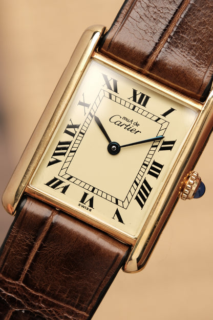 CARTIER MUST DE TANK VERMEIL (LM 23x31mm) ROMAN DIAL QUARTZ + Coffee Strap