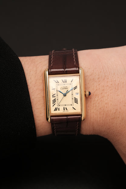 Vintage Cartier Must De Tank (XL 26x34mm) ROMAN DIAL QUARTZ Ref.2413 + Dark Brown Strap