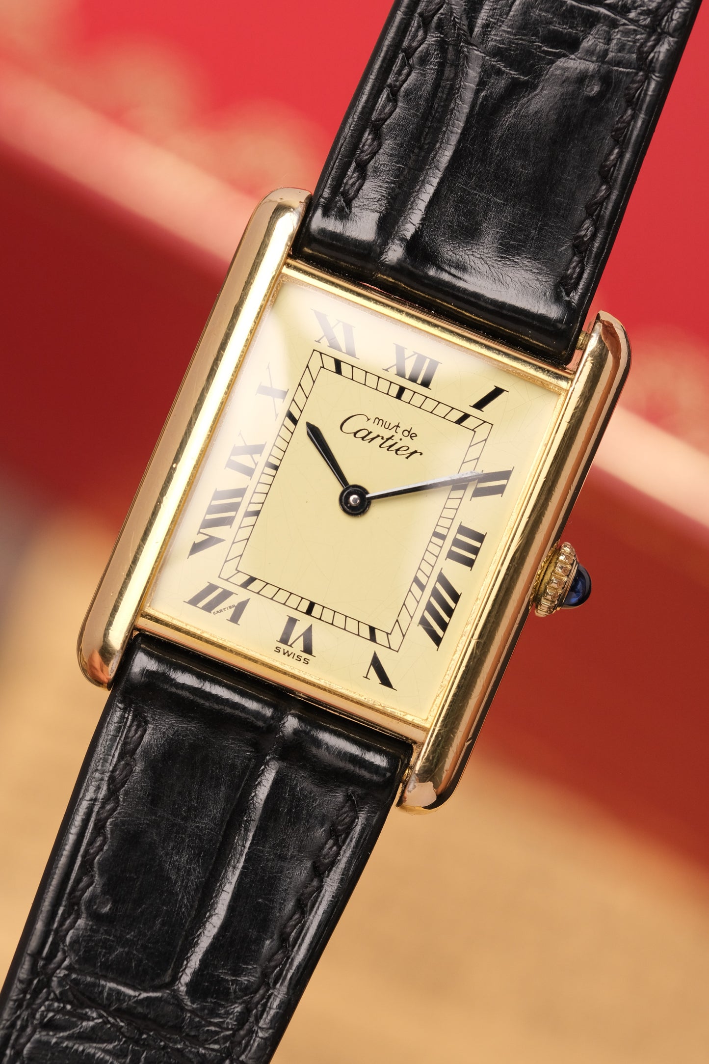 1990's CARTIER MUST DE CARTIER TANK VERMEIL ROMAN DIAL Manual Winding 23MM + Box