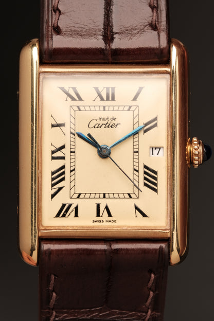 Vintage Cartier Must De Tank (XL 26x34mm) ROMAN DIAL QUARTZ Ref.2413 + Dark Brown Strap