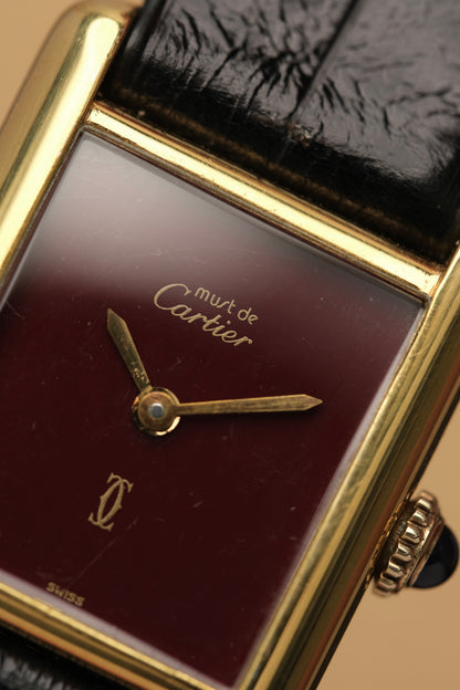 CARTIER MUST DE TANK VERMEIL (SM 20x28mm) BURGUNDY RED DIAL HAND WINDING