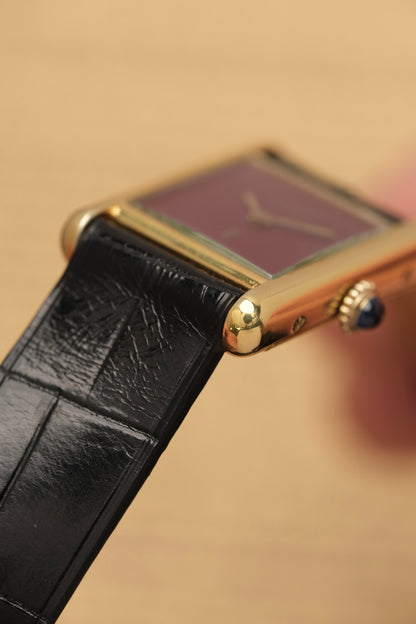 CARTIER MUST DE TANK VERMEIL (SM 20x28mm) BURGUNDY RED DIAL HAND WINDING