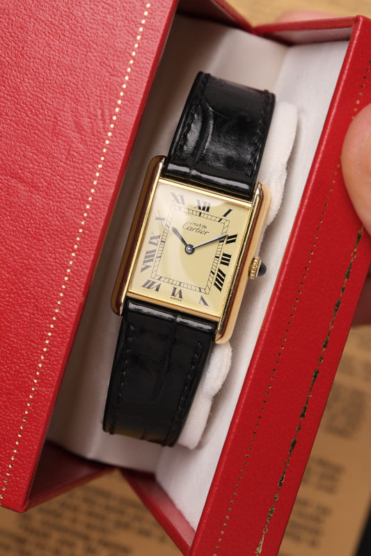 1990's CARTIER MUST DE CARTIER TANK VERMEIL ROMAN DIAL Manual Winding 23MM + Box