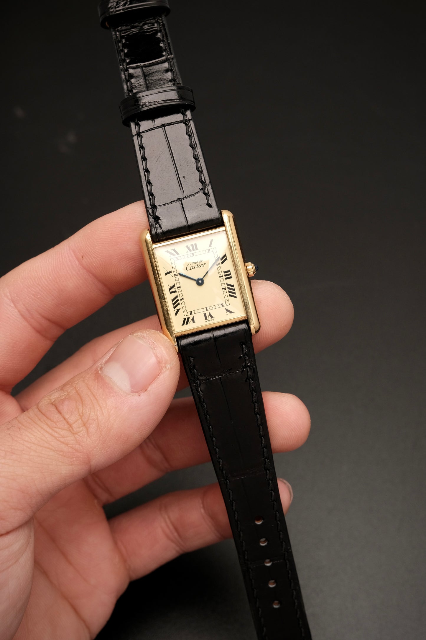 CARTIER MUST DE TANK VERMEIL (LM 23x31mm) ROMAN DIAL QUARTZ + Black Strap