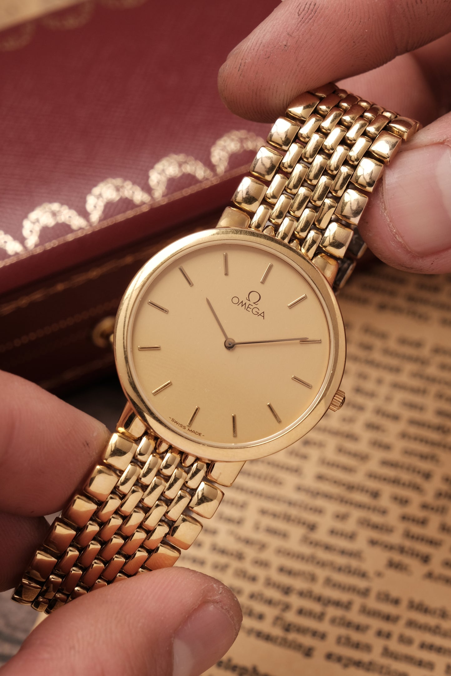 1990's (New Old Stock) Omega De Ville 395 0875.2 Quartz Gold Plated Integrated Bracelet