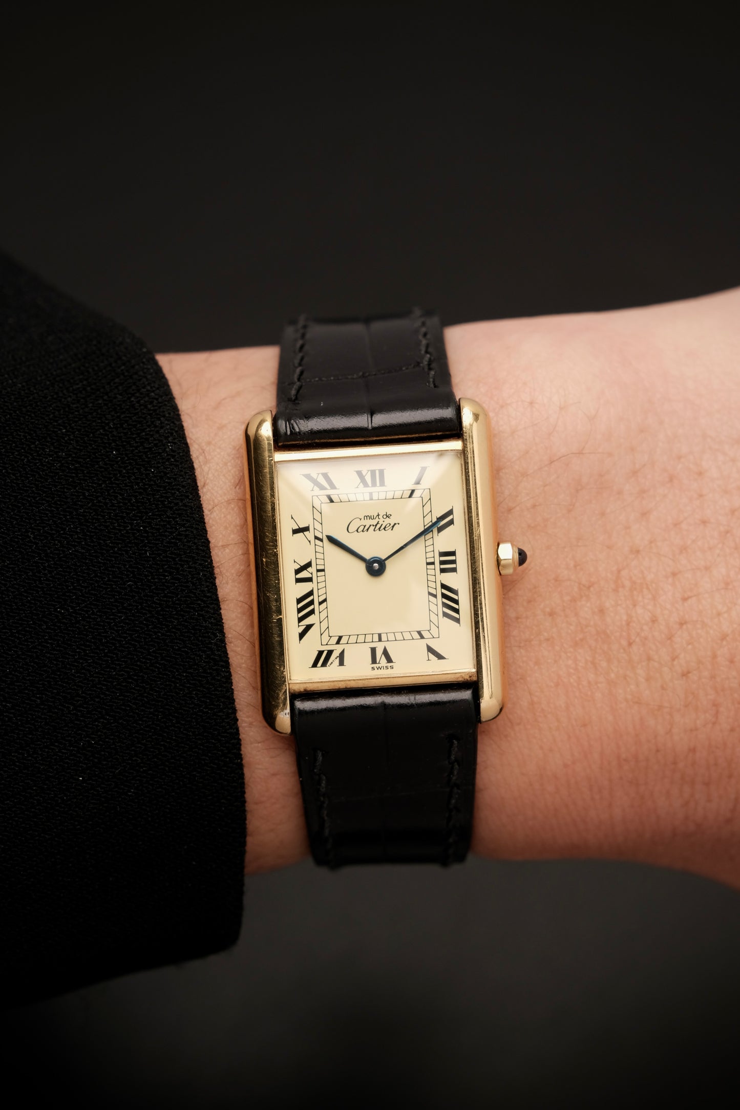 CARTIER MUST DE TANK VERMEIL (LM 23x31mm) ROMAN DIAL QUARTZ + Black Strap