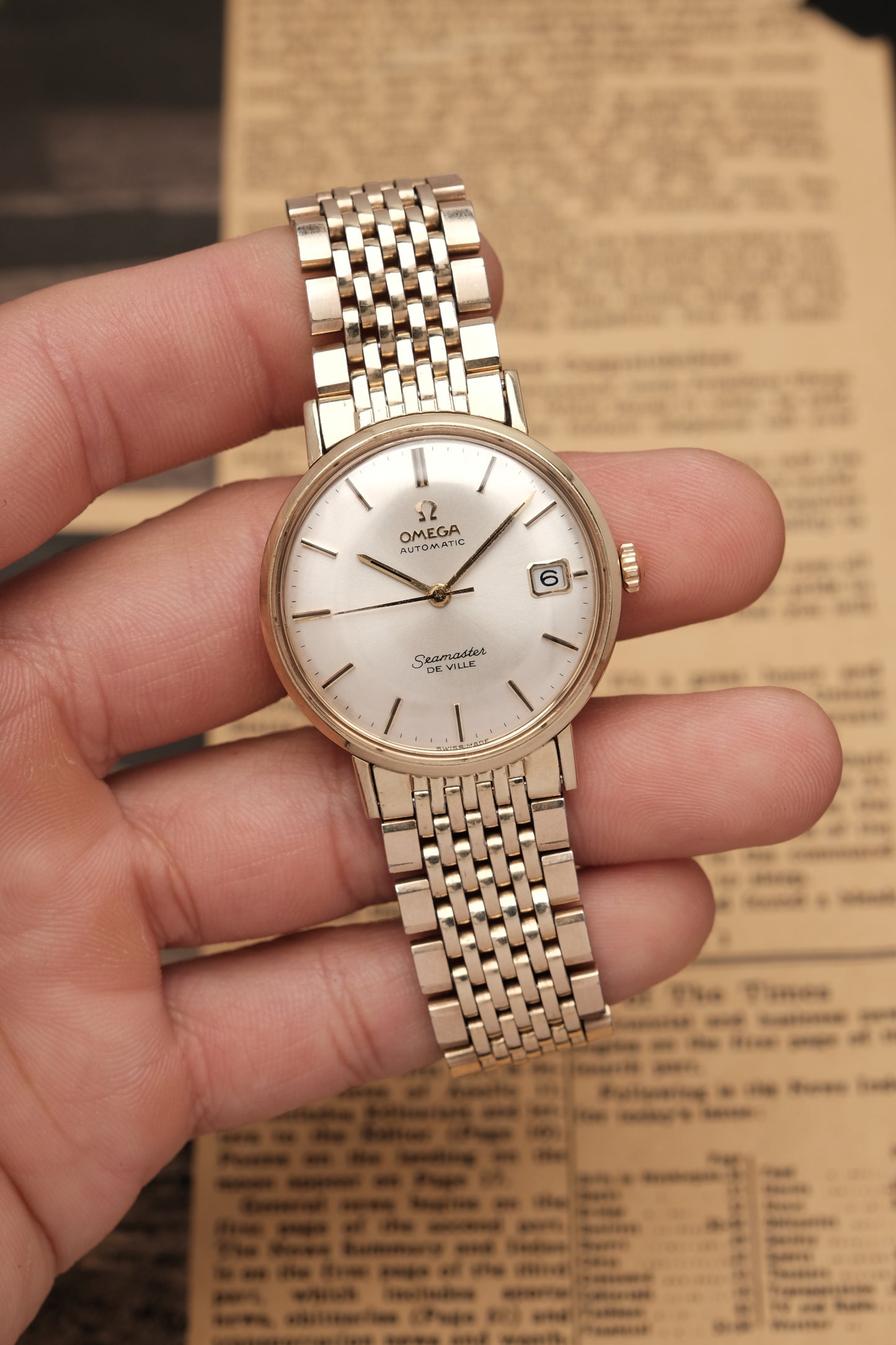 1967  14K Solid Gold Omega Seamaster De Ville reference LL 6590-1 34mm with Gold beads of rice bracelet