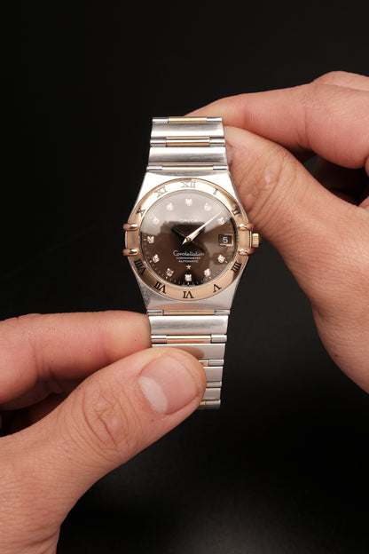 OMEGA WATCH CONSTELLATION 1301.60.00 - STAINLESS STEEL ROSE GOLD CHOCOLATE DIAMONDS (2000S)
