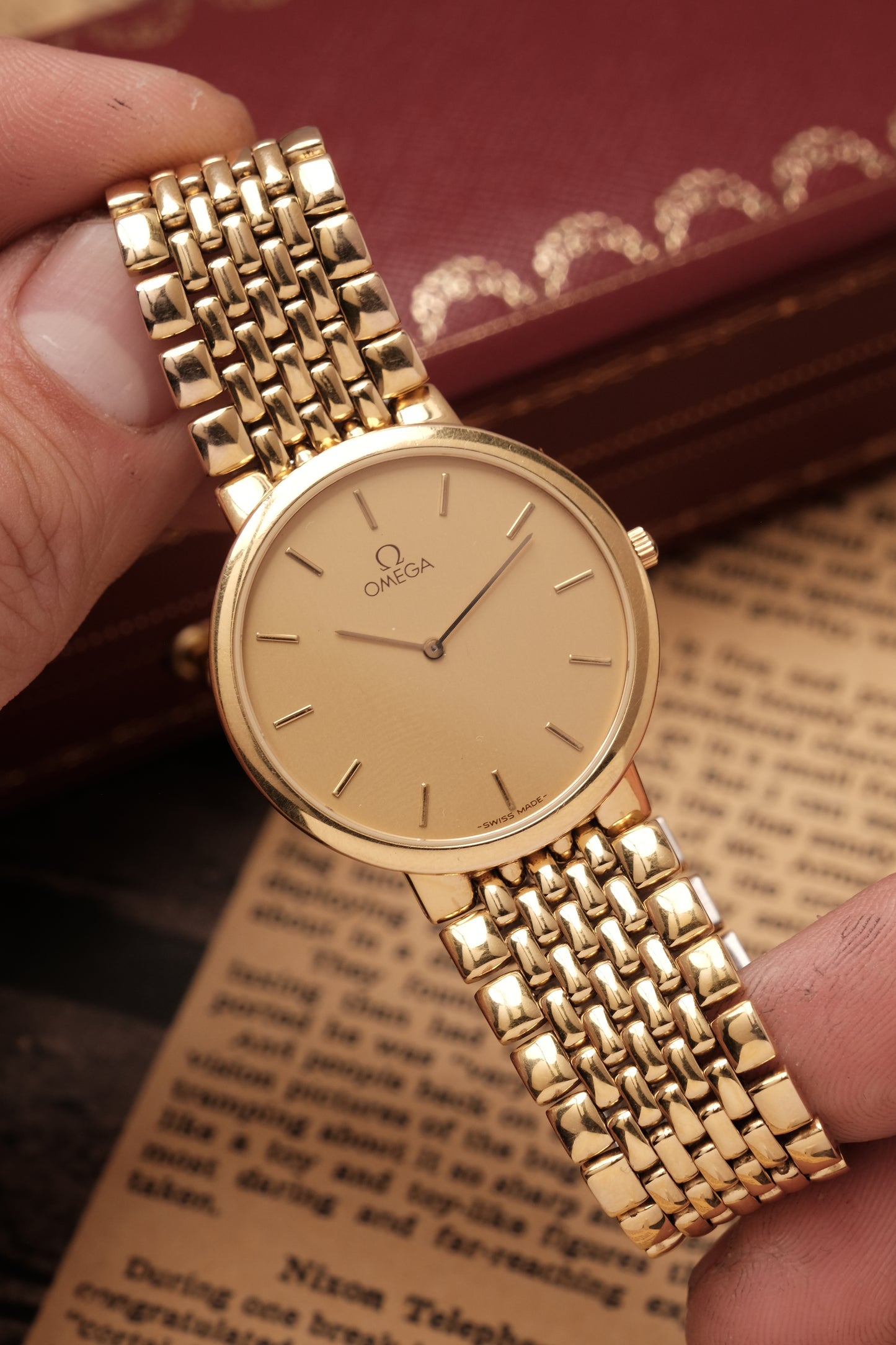 1990's (New Old Stock) Omega De Ville 395 0875.2 Quartz Gold Plated Integrated Bracelet