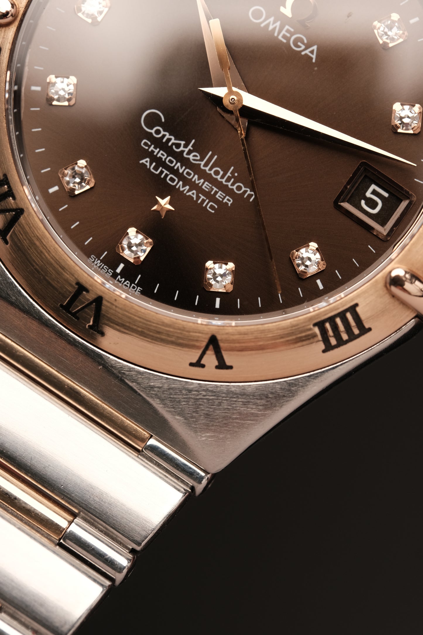 OMEGA WATCH CONSTELLATION 1301.60.00 - STAINLESS STEEL ROSE GOLD CHOCOLATE DIAMONDS (2000S)