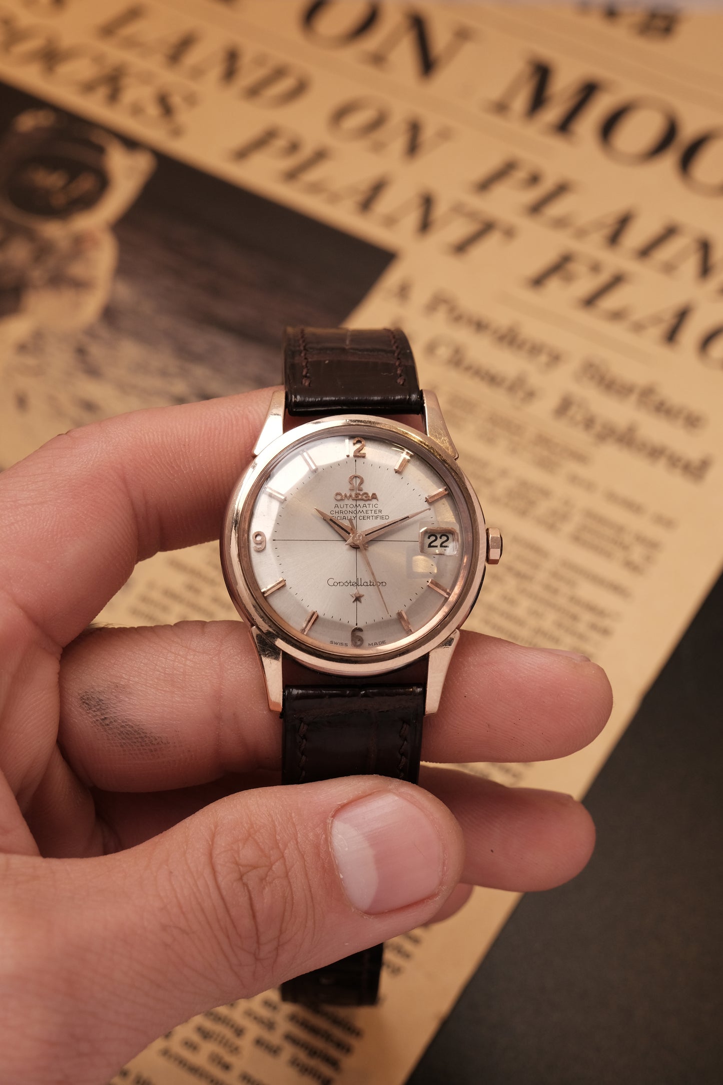 Vintage 1964 Omega Constellation Pie Pan Rose Gold Crosshair Dial  REF. 14393-10 SC (MOD CASE BACK)