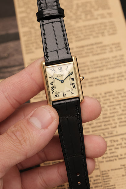CARTIER MUST DE TANK VERMEIL (LM 23x31mm) ROMAN DIAL QUARTZ + Black Strap
