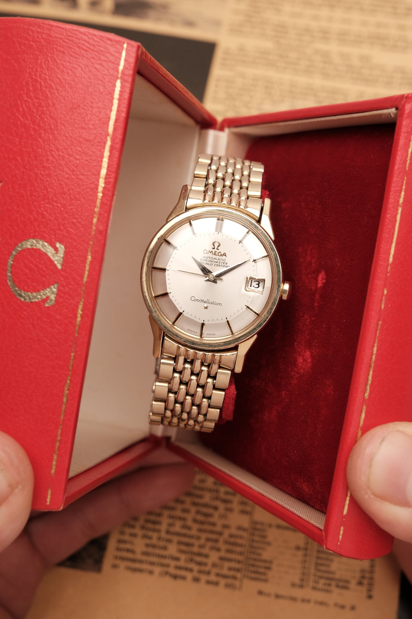 1966 OMEGA CONSTELLATION PIE PAN DOG LEG White Dial AUTOMATIC REF. 168.005 + BOX + Beads of rice bracelet