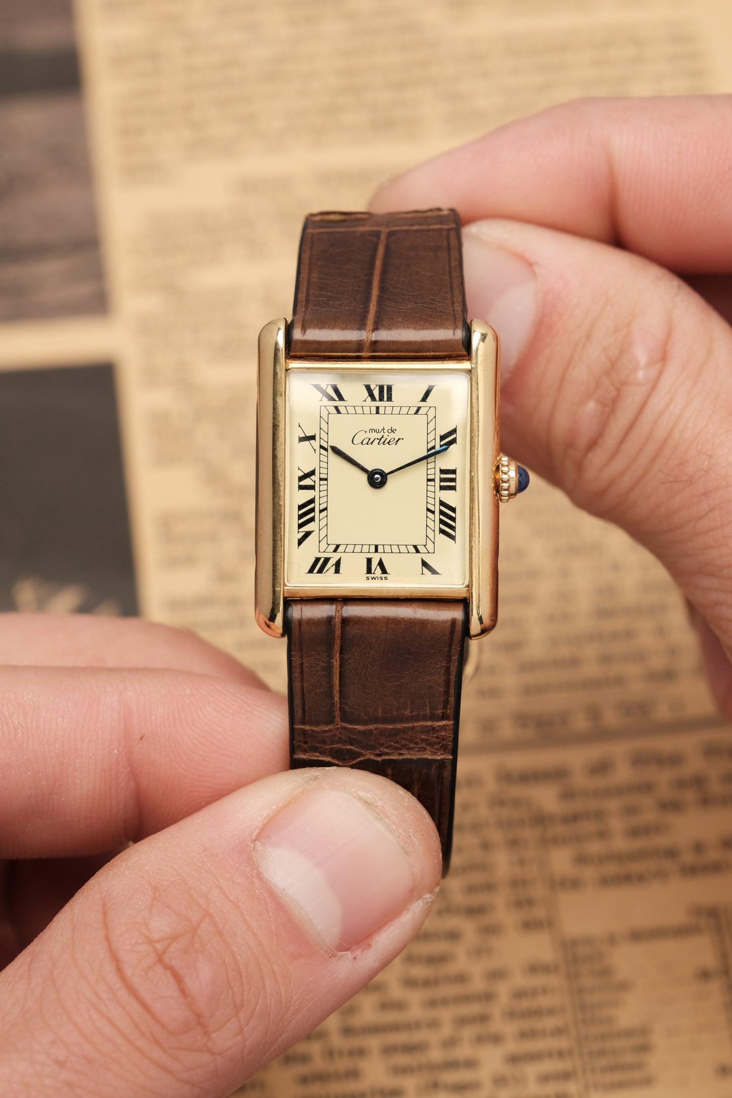 CARTIER MUST DE TANK VERMEIL (LM 23x31mm) ROMAN DIAL QUARTZ + Coffee Strap