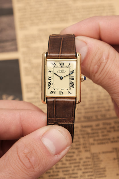 CARTIER MUST DE TANK VERMEIL (LM 23x31mm) ROMAN DIAL QUARTZ + Coffee Strap