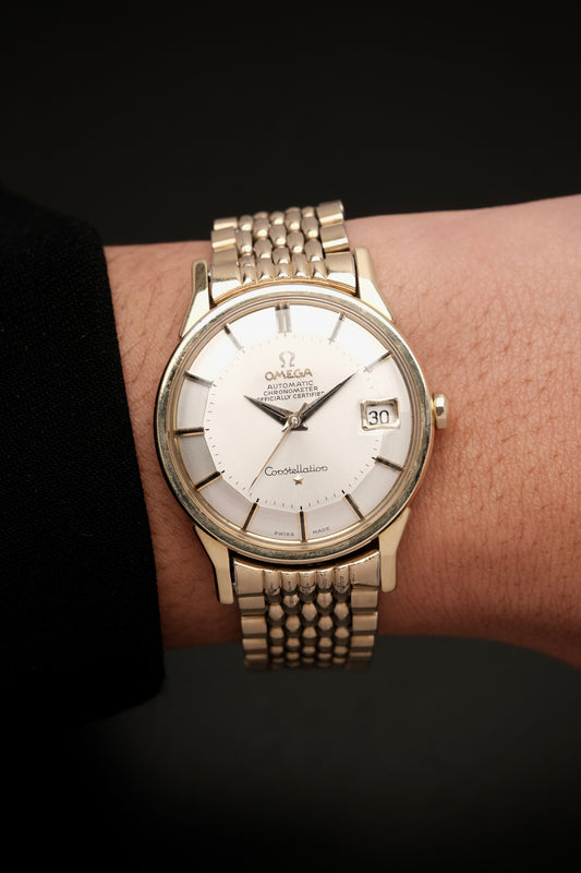 1966 OMEGA CONSTELLATION PIE PAN DOG LEG White Dial AUTOMATIC REF. 168.005 + BOX + Beads of rice bracelet