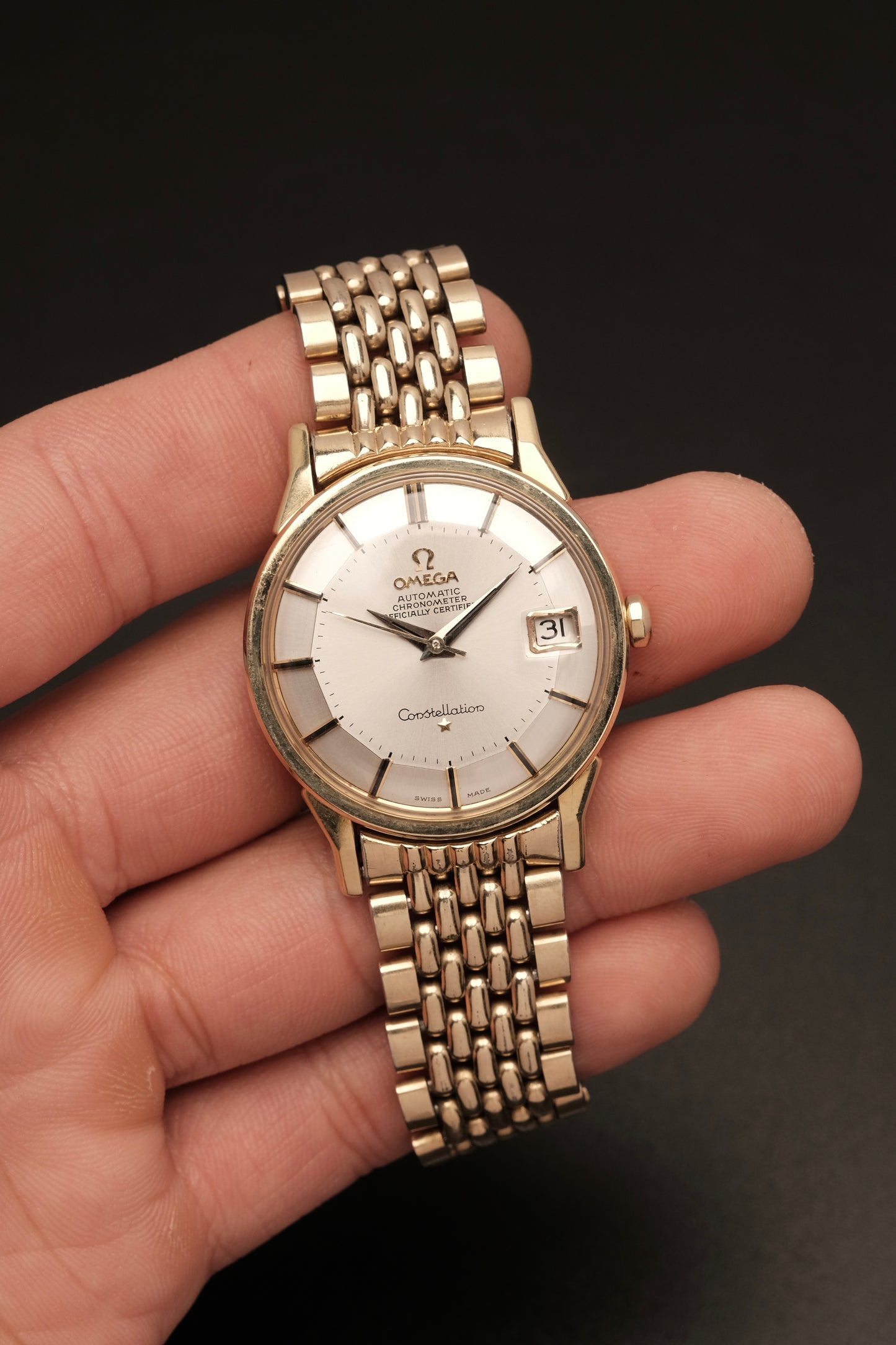 1966 OMEGA CONSTELLATION PIE PAN DOG LEG White Dial AUTOMATIC REF. 168.005 + BOX + Beads of rice bracelet