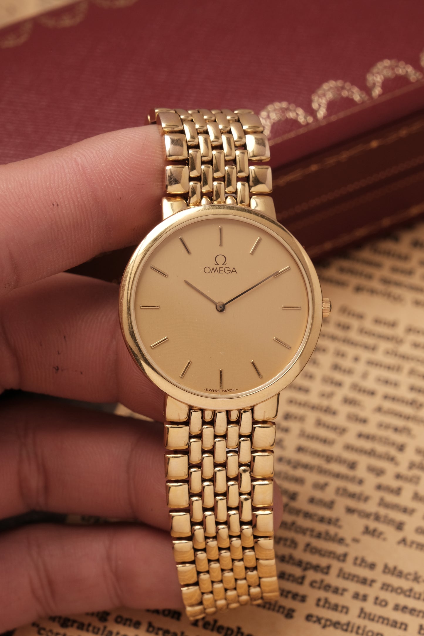 1990's (New Old Stock) Omega De Ville 395 0875.2 Quartz Gold Plated Integrated Bracelet