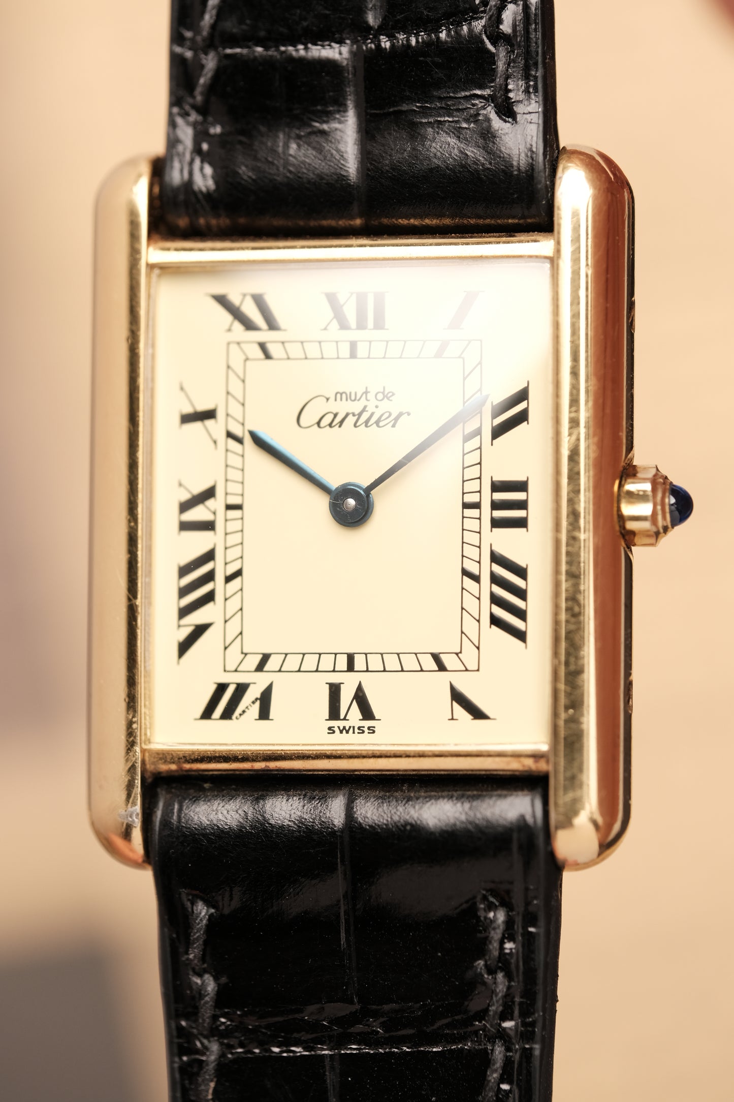 CARTIER MUST DE TANK VERMEIL (LM 23x31mm) ROMAN DIAL QUARTZ + Black Strap