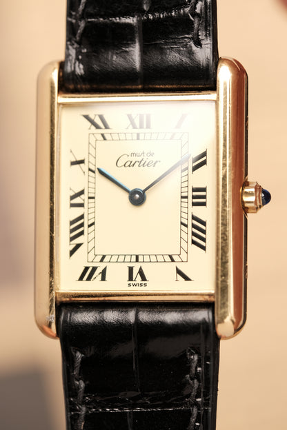 CARTIER MUST DE TANK VERMEIL (LM 23x31mm) ROMAN DIAL QUARTZ + Black Strap