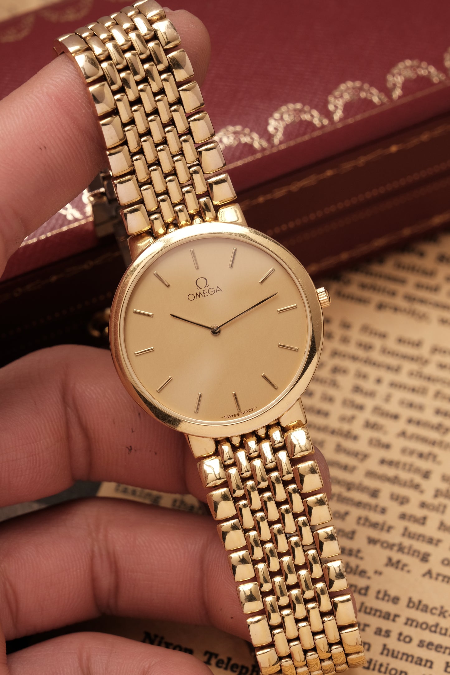 1990's (New Old Stock) Omega De Ville 395 0875.2 Quartz Gold Plated Integrated Bracelet