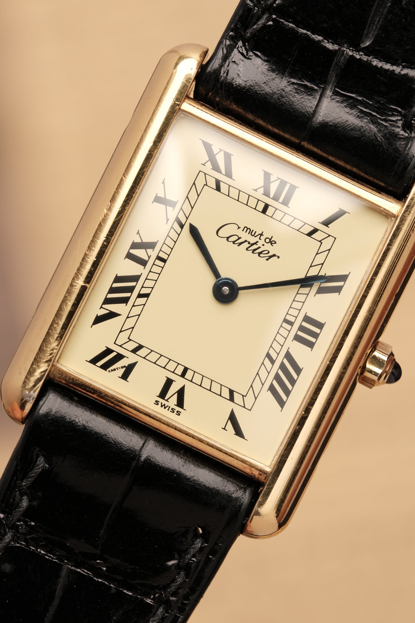 CARTIER MUST DE TANK VERMEIL (LM 23x31mm) ROMAN DIAL QUARTZ + Black Strap