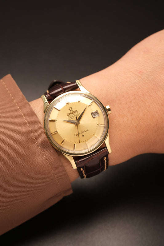 OMEGA CONSTELLATION PIE PAN DOG LEG GOLD AUTOMATIC CHRONOMETER REF. 168.005