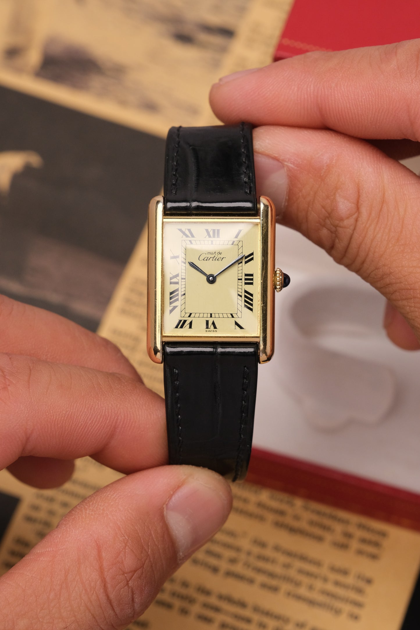 1990's CARTIER MUST DE CARTIER TANK VERMEIL ROMAN DIAL Manual Winding 23MM + Box