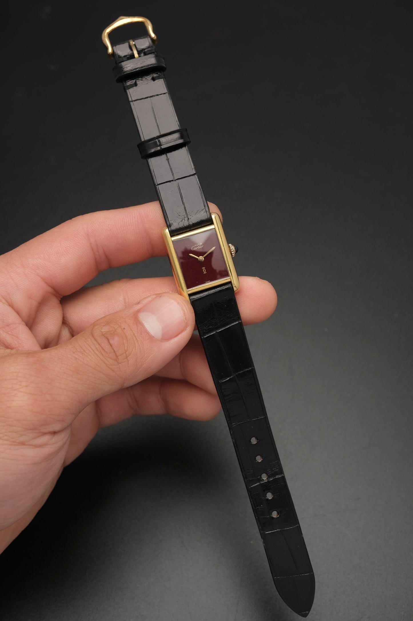 CARTIER MUST DE TANK VERMEIL (SM 20x28mm) BURGUNDY RED DIAL HAND WINDING