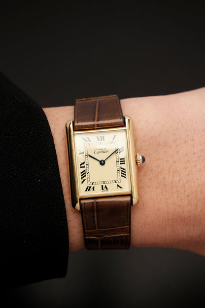 CARTIER MUST DE TANK VERMEIL (LM 23x31mm) ROMAN DIAL QUARTZ + Coffee Strap