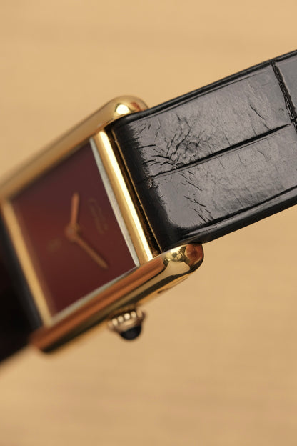 CARTIER MUST DE TANK VERMEIL (SM 20x28mm) BURGUNDY RED DIAL HAND WINDING