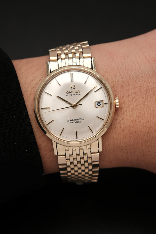 1967  14K Solid Gold Omega Seamaster De Ville reference LL 6590-1 34mm with Gold beads of rice bracelet