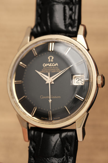 1966 OMEGA CONSTELLATION PIE PAN DOG LEG BLACK DIAL YELLOW GOLD AUTOMATIC CHRONOMETER REF. 168.005