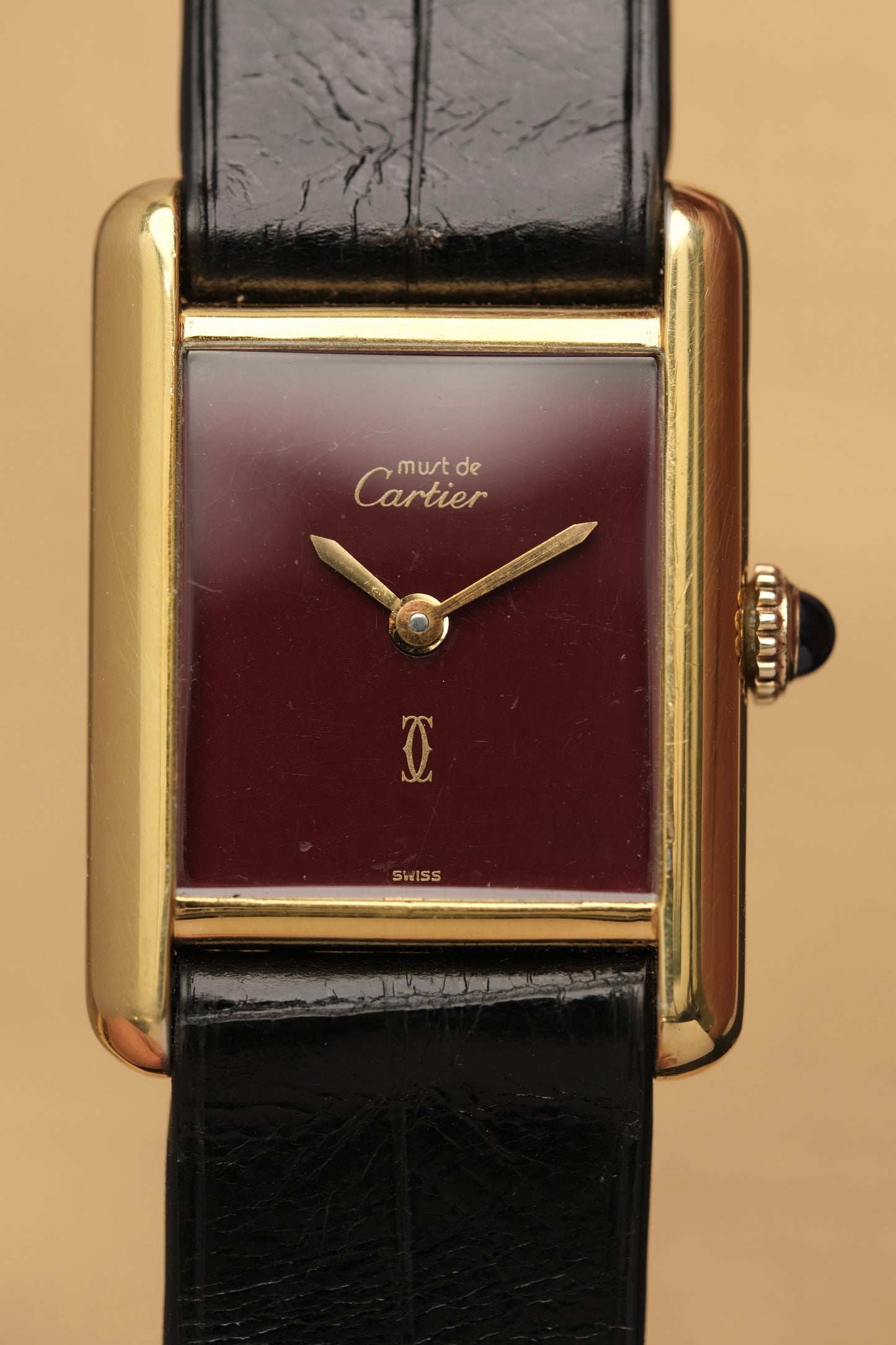 CARTIER MUST DE TANK VERMEIL (SM 20x28mm) BURGUNDY RED DIAL HAND WINDING