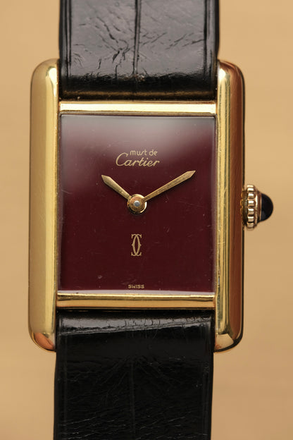CARTIER MUST DE TANK VERMEIL (SM 20x28mm) BURGUNDY RED DIAL HAND WINDING