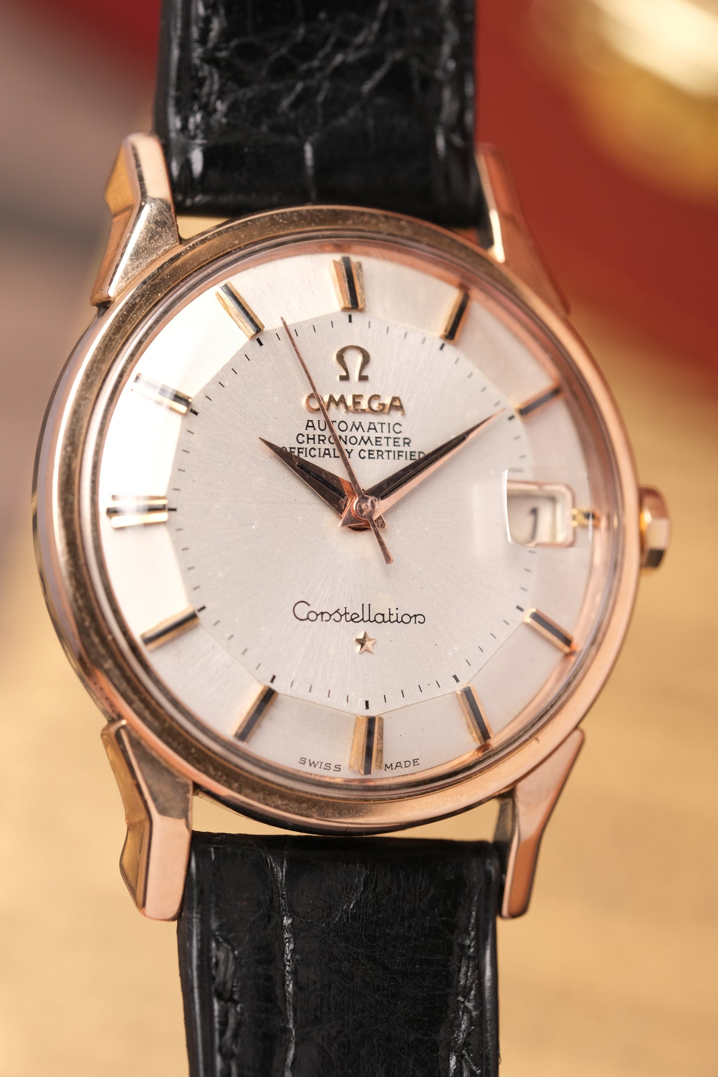 1966 OMEGA CONSTELLATION PIE PAN DOG LEG ROSE GOLD AUTOMATIC CHRONOMETER REF. 168.005