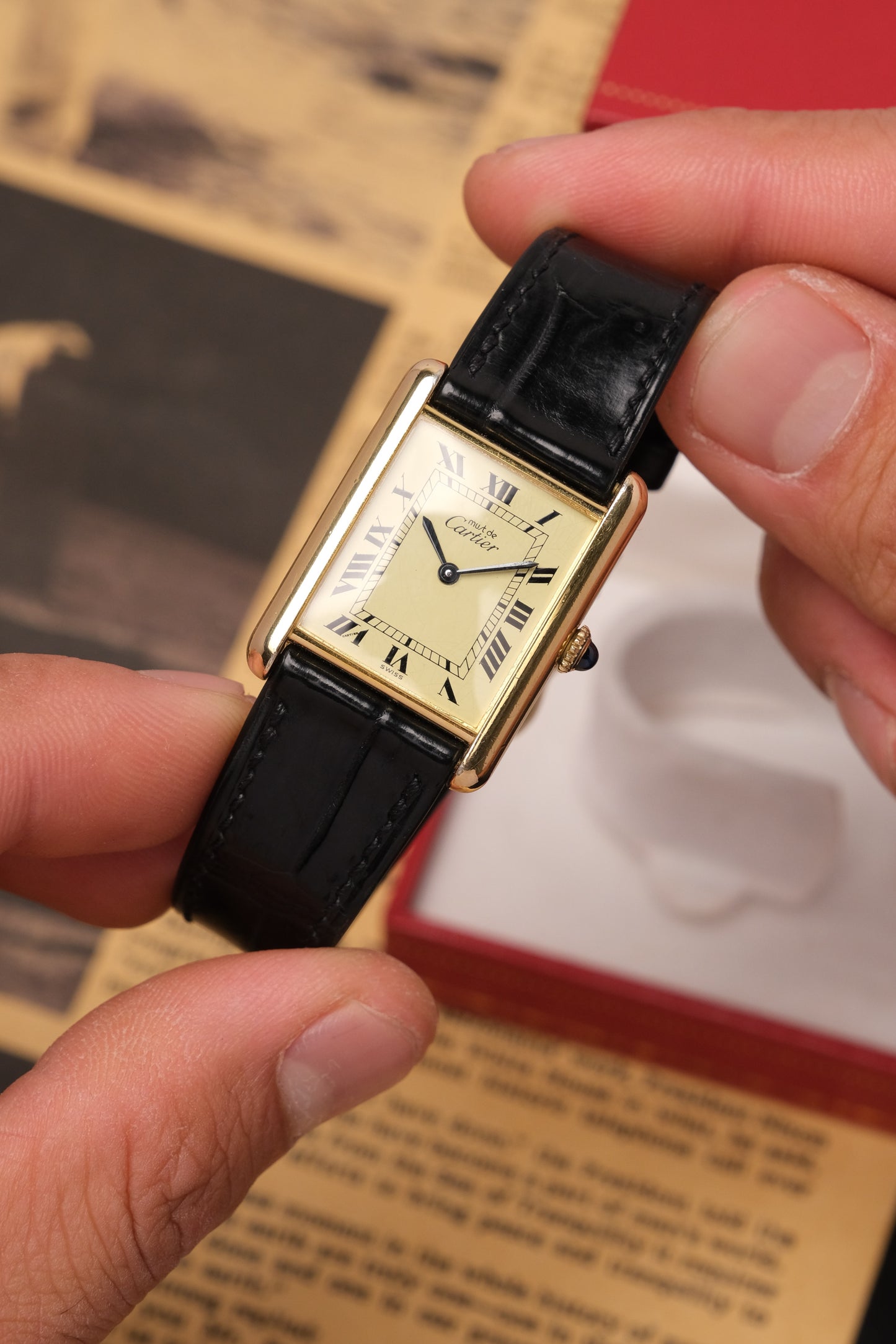 1990's CARTIER MUST DE CARTIER TANK VERMEIL ROMAN DIAL Manual Winding 23MM + Box