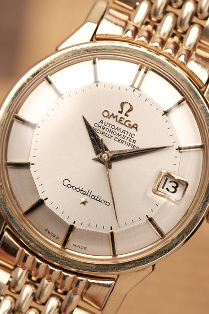 1966 OMEGA CONSTELLATION PIE PAN DOG LEG White Dial AUTOMATIC REF. 168.005 + BOX + Beads of rice bracelet