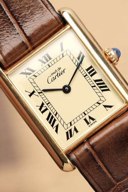 CARTIER MUST DE TANK VERMEIL (LM 23x31mm) ROMAN DIAL QUARTZ + Coffee Strap