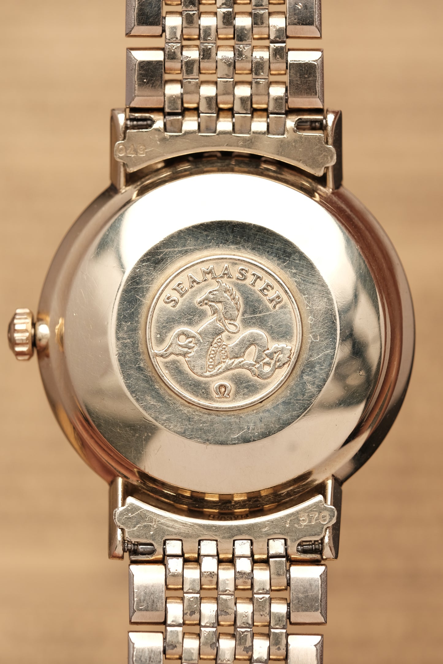 1967  14K Solid Gold Omega Seamaster De Ville reference LL 6590-1 34mm with Gold beads of rice bracelet