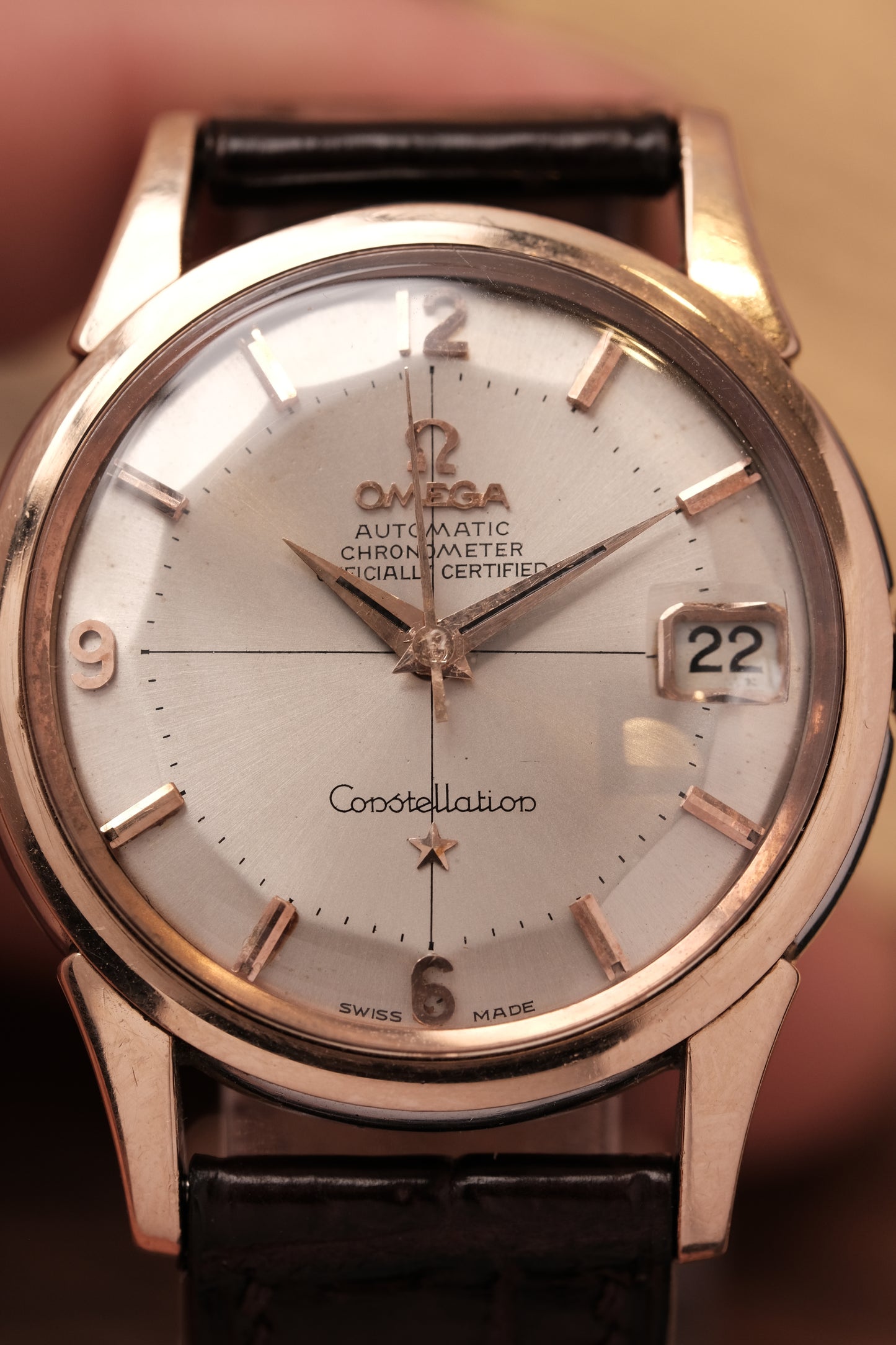 Vintage 1964 Omega Constellation Pie Pan Rose Gold Crosshair Dial  REF. 14393-10 SC (MOD CASE BACK)