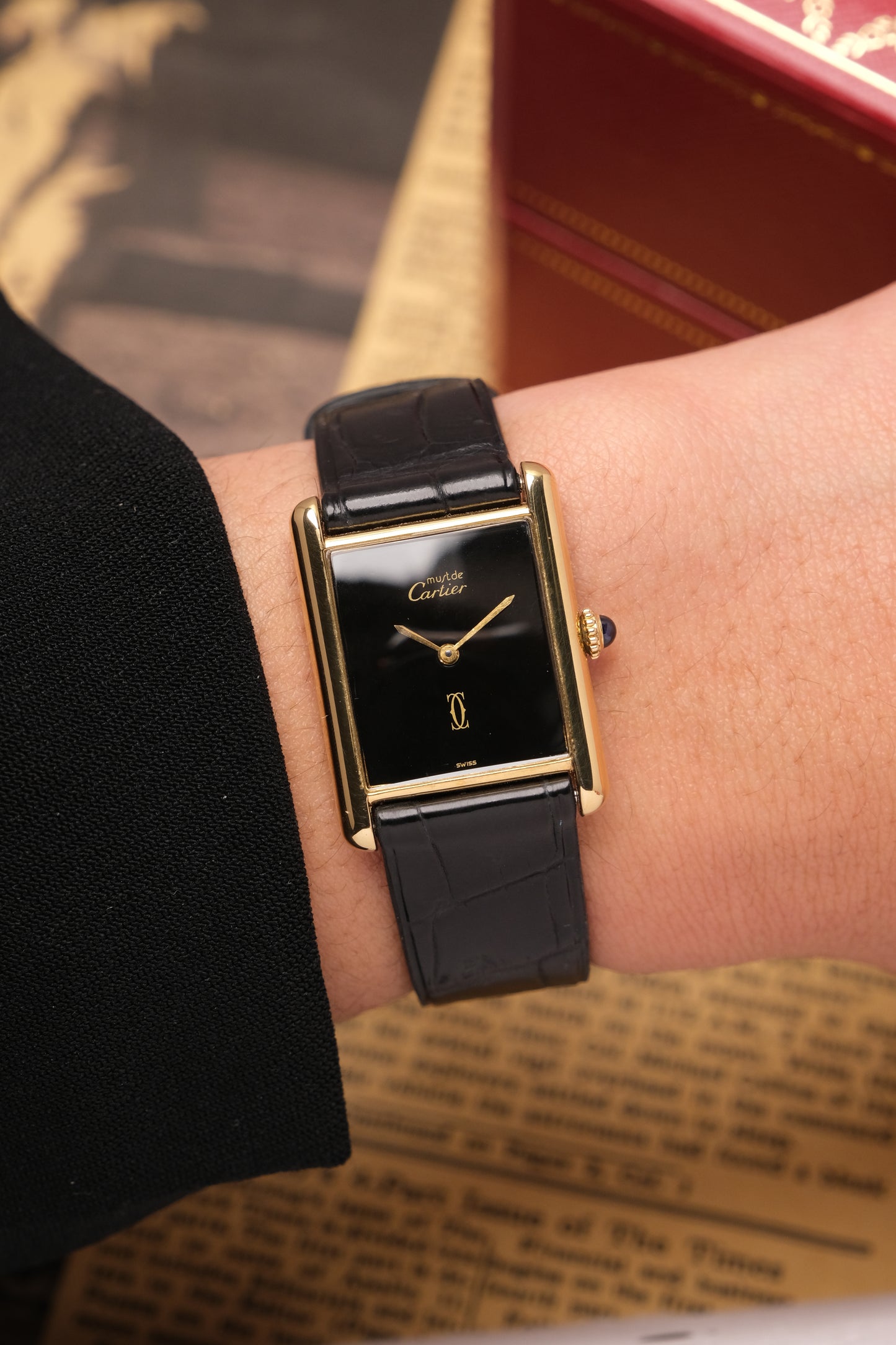 CARTIER MUST DE CARTIER TANK 23x31 Hand Winding VERMEIL Black DIAL REF. 6 062961