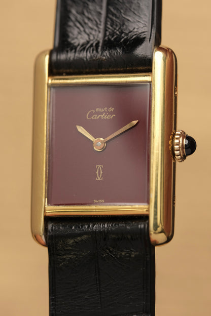 CARTIER MUST DE TANK VERMEIL (SM 20x28mm) BURGUNDY RED DIAL HAND WINDING