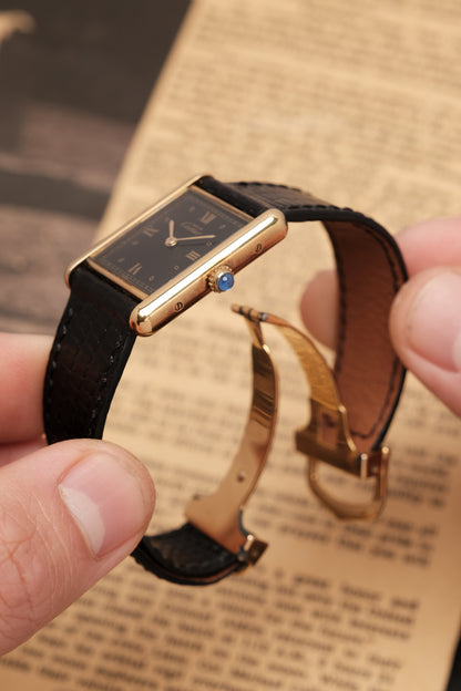 CARTIER MUST DE TANK VERMEIL (LM 23x31mm)Black Glossy Art Deco Dial 1990s Ref. 590005