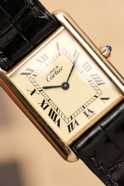 CARTIER MUST DE TANK VERMEIL (LM 23x31mm) ROMAN DIAL QUARTZ + Black Strap