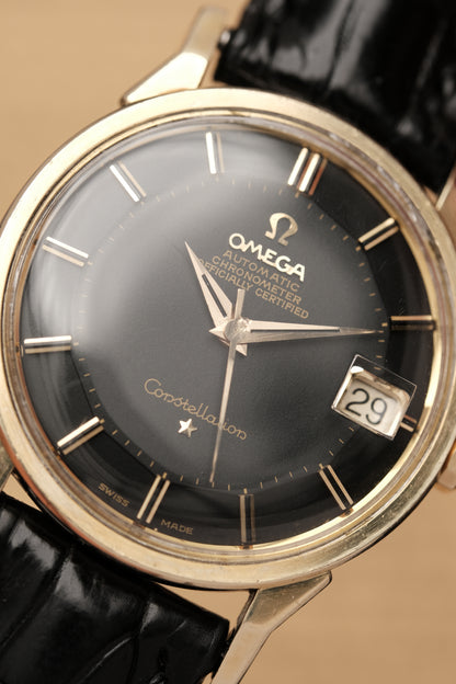 1966 OMEGA CONSTELLATION PIE PAN DOG LEG BLACK DIAL YELLOW GOLD AUTOMATIC CHRONOMETER REF. 168.005