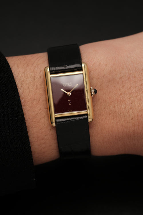 CARTIER MUST DE TANK VERMEIL (SM 20x28mm) BURGUNDY RED DIAL HAND WINDING